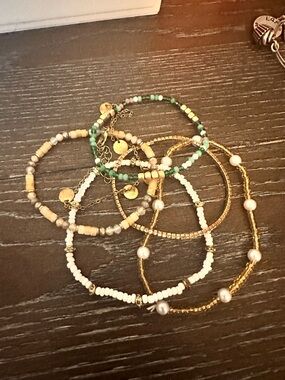 Gold and Green Beaded Stackable Women's Bracelet Set
